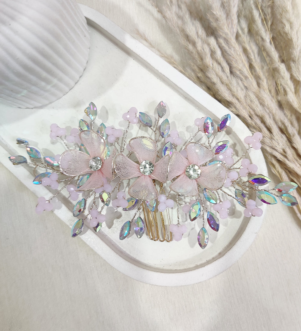 Elegant Pink Floral Hair Comb with Crystal Accents