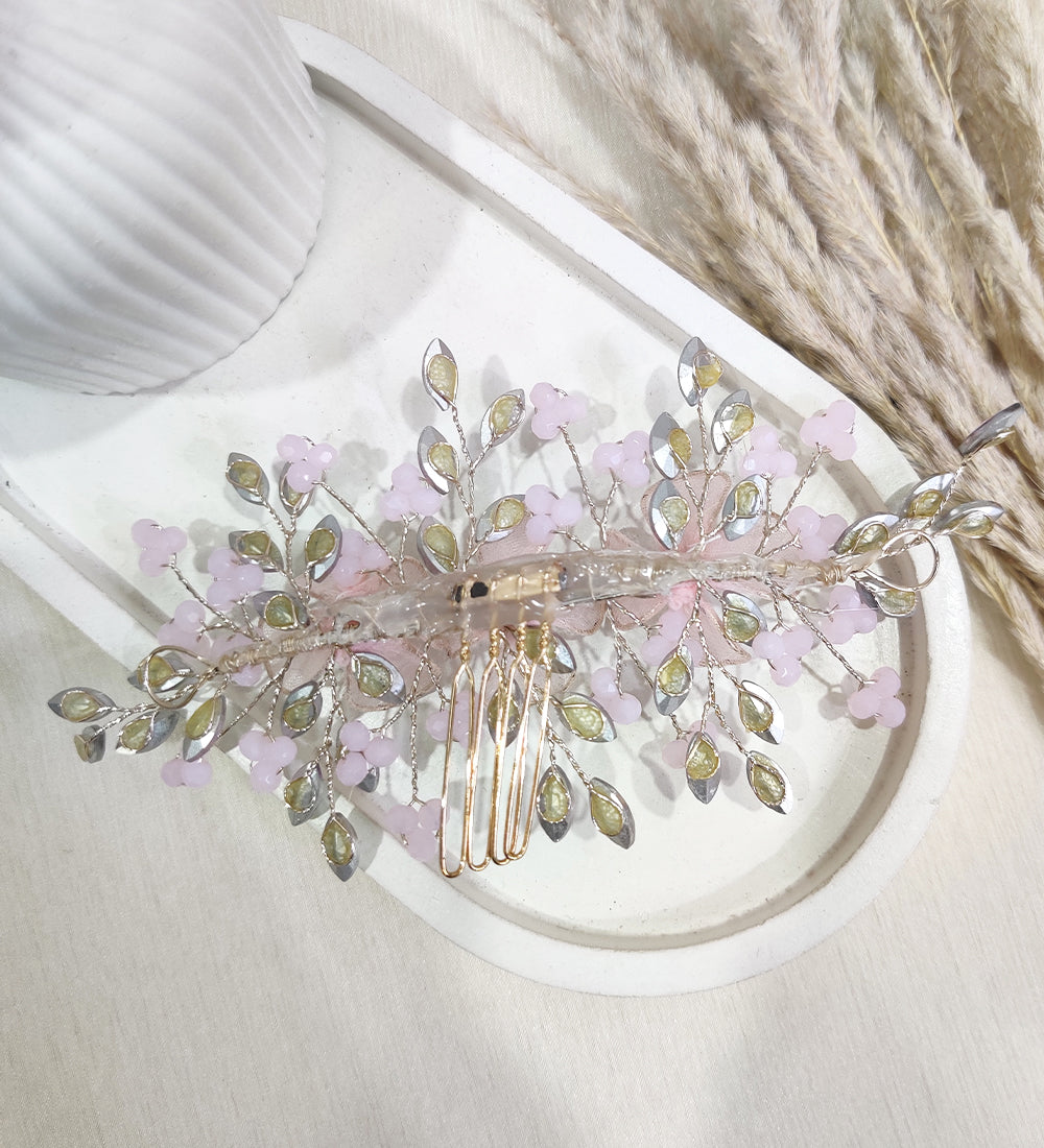 Elegant Pink Floral Hair Comb with Crystal Accents