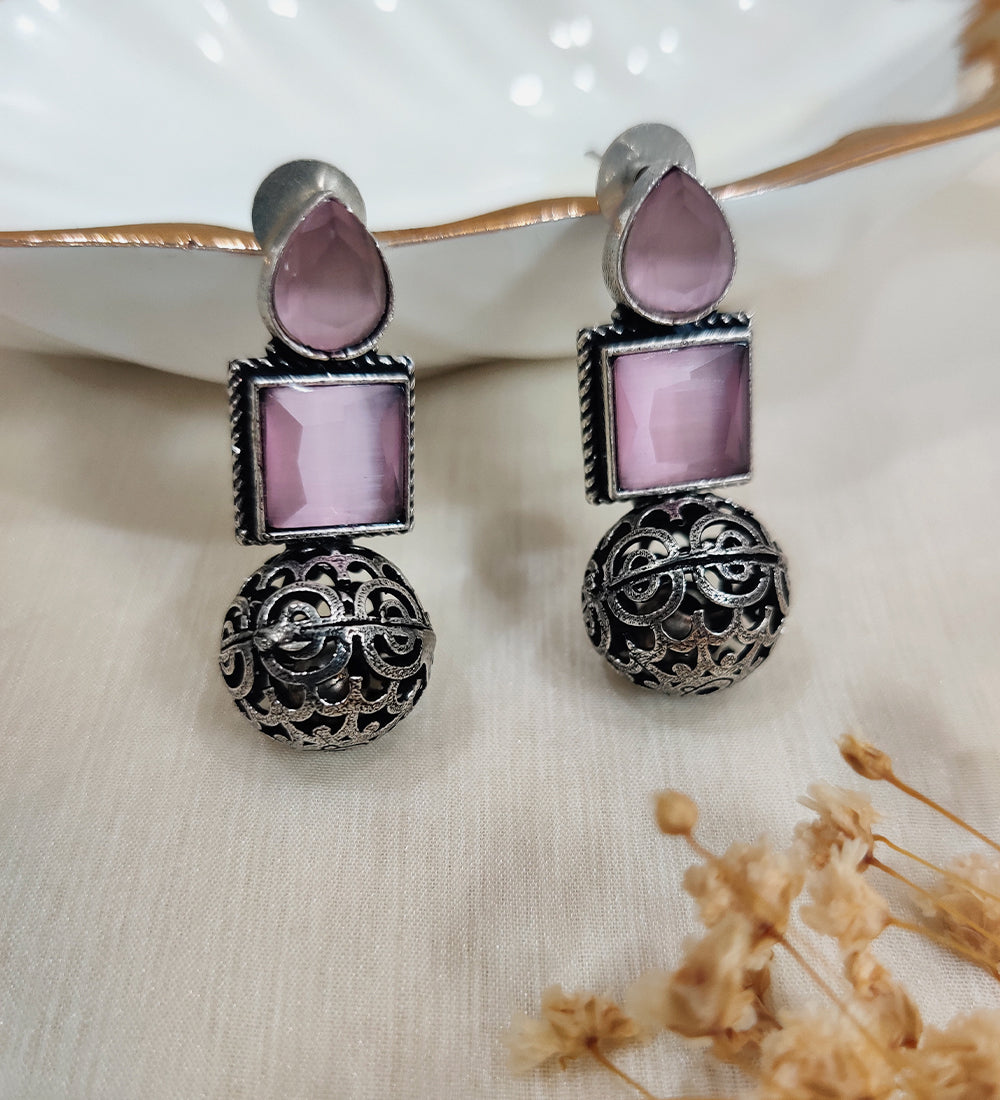 Pink Stone Studded Oxidised Ball Drop Earrings