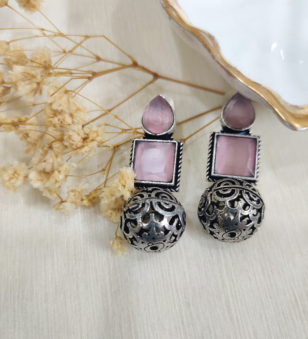 Pink Stone Studded Oxidised Ball Drop Earrings