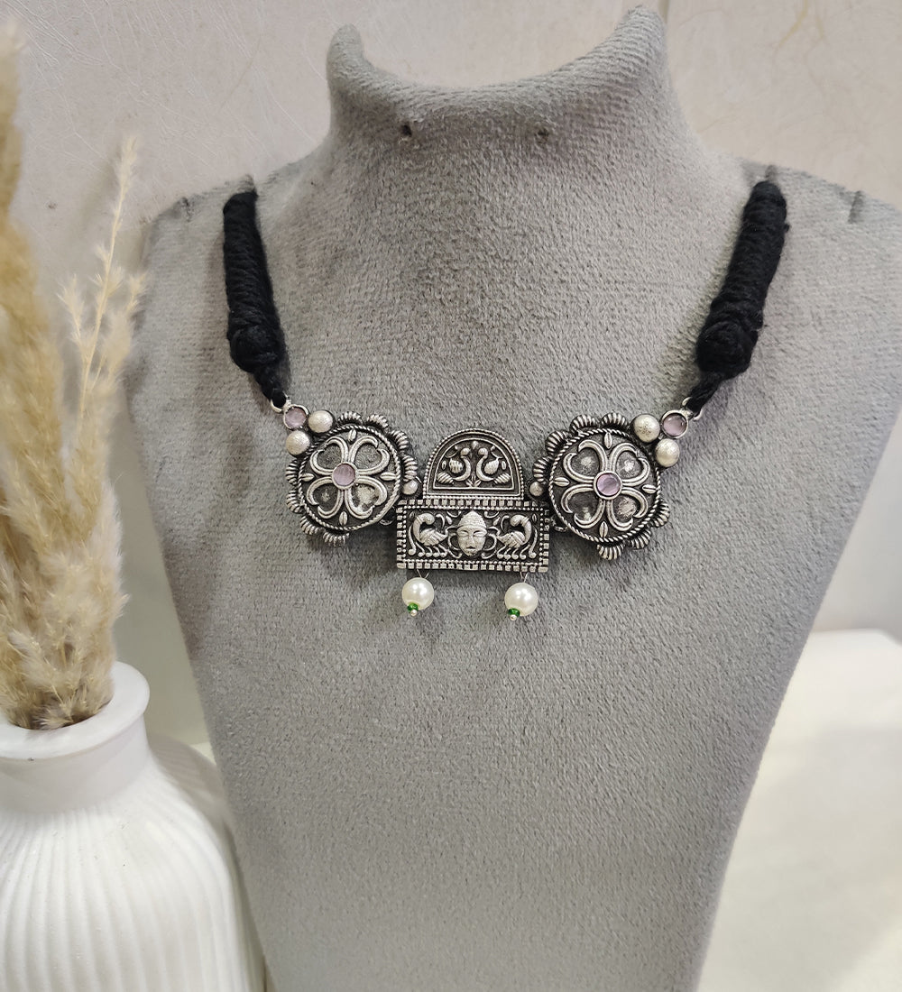 Oxidized Silver Tribal Necklace with Stone & Pearl Detailing