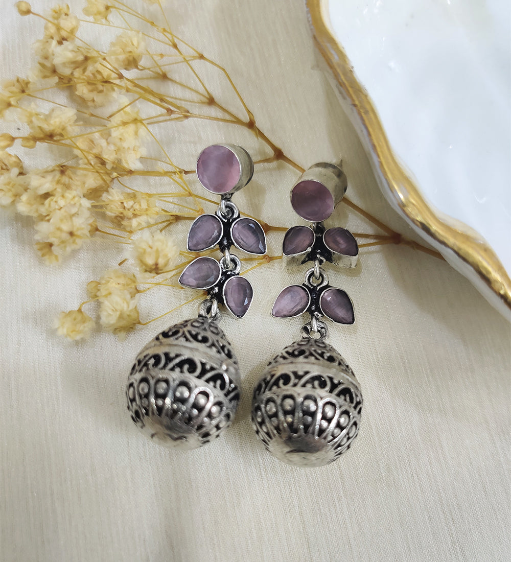 Pink Stone Studded Drop Oxidised Earrings
