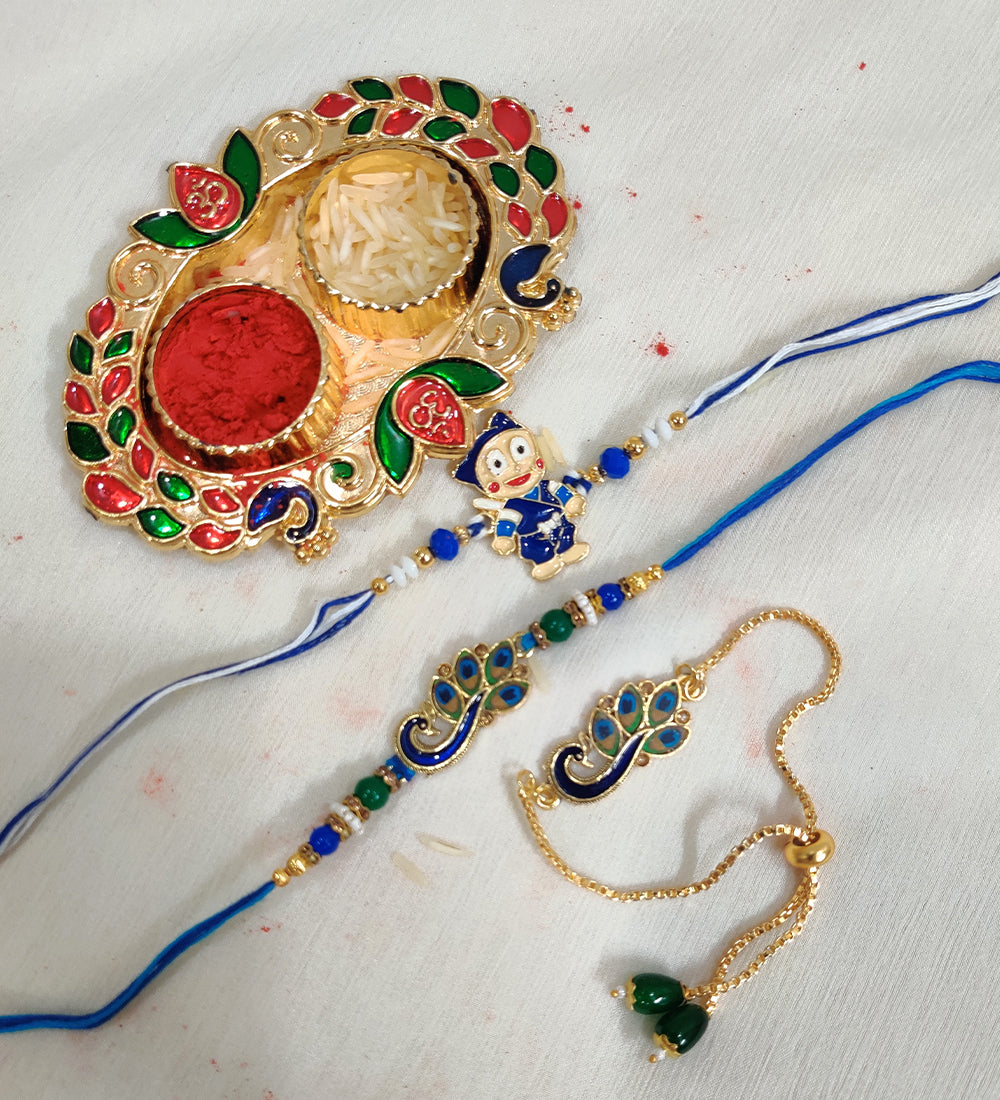 Family Pack Designer Rakhi for bhaiya bhabhi and kid with Roli,Chawal,Haldi and Mishri