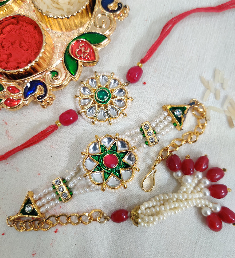 Kundan and White Pearl Couple Rakhi