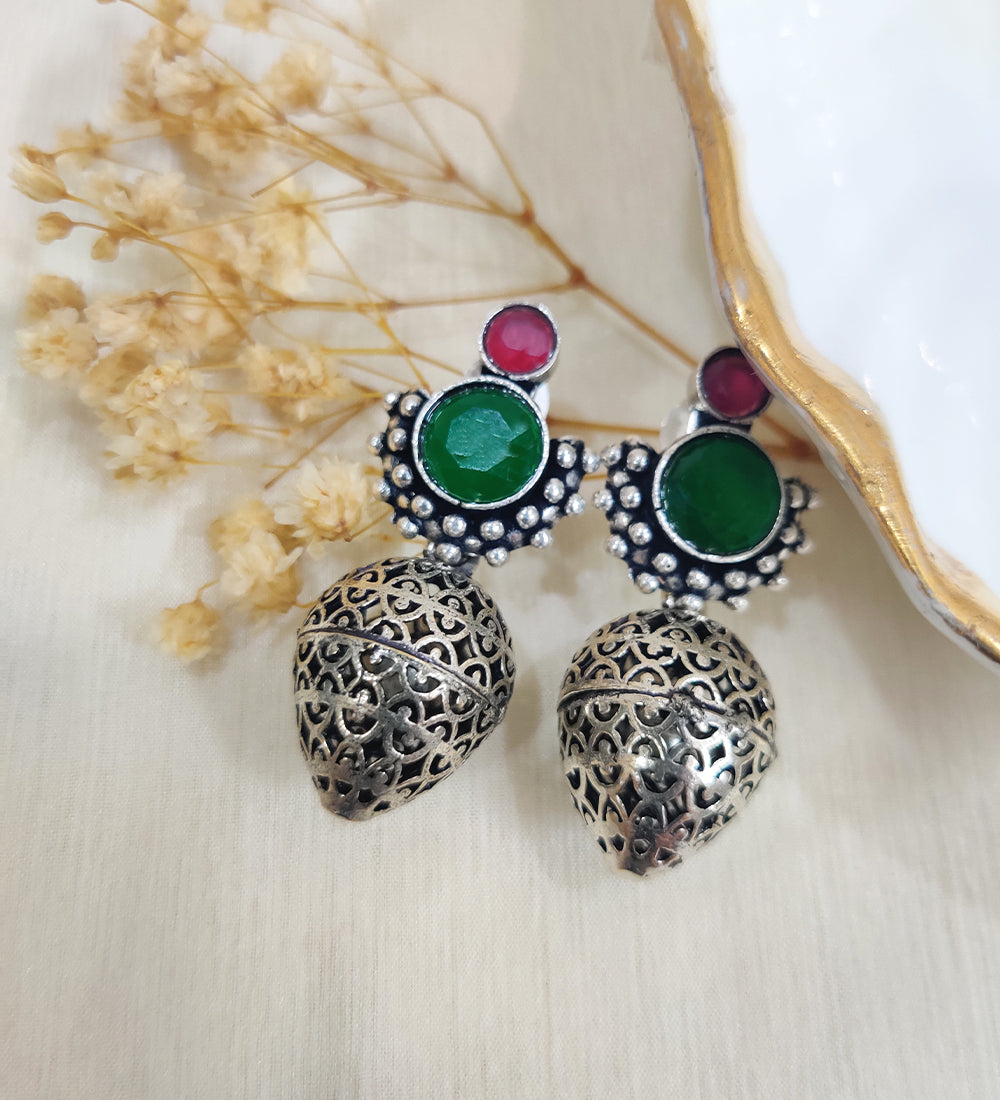 Red & Green Stone Studded Drop Earrings