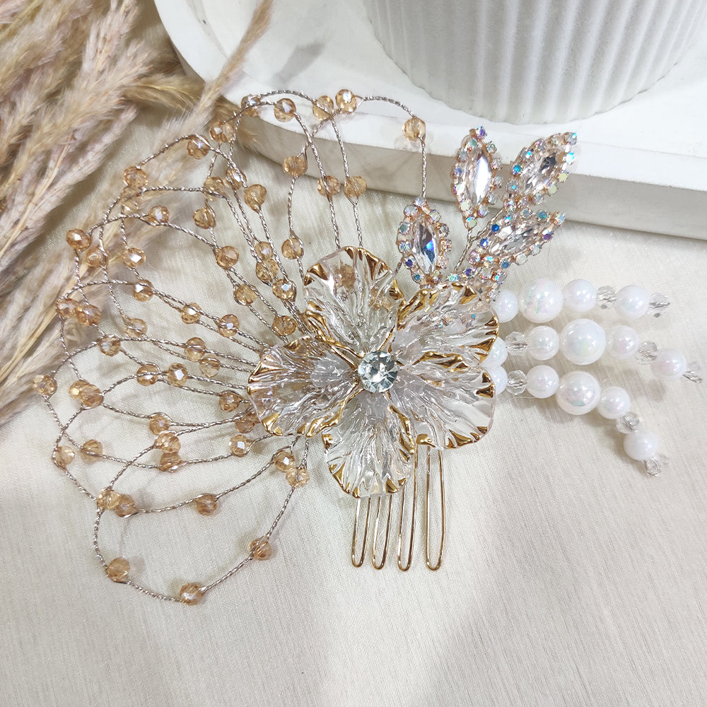 Golden Petal Crystal Hair Comb