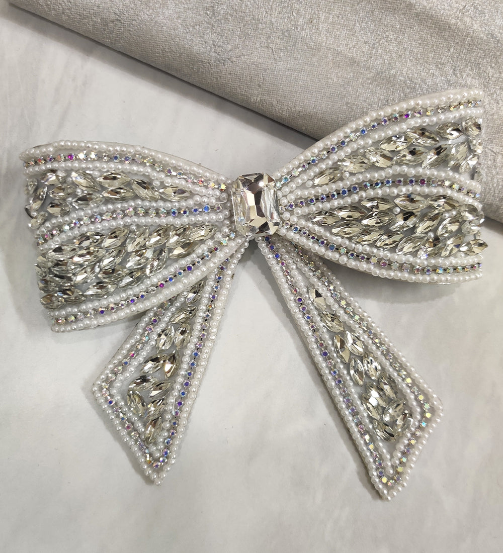 Embellished Crystal Big Hair Bow Clip - Silver