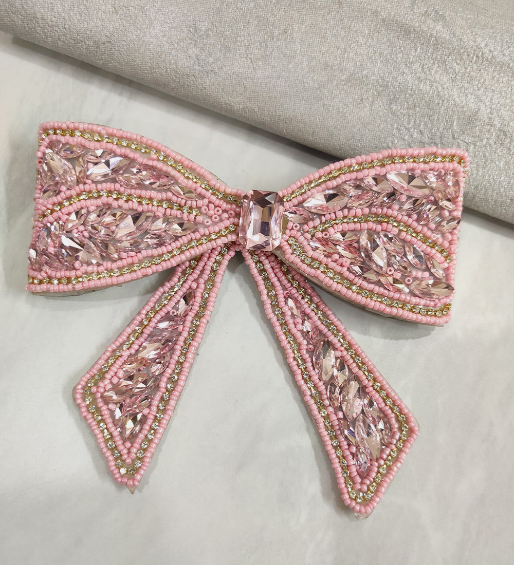 Embellished Crystal Big Hair Bow Clip - Pink