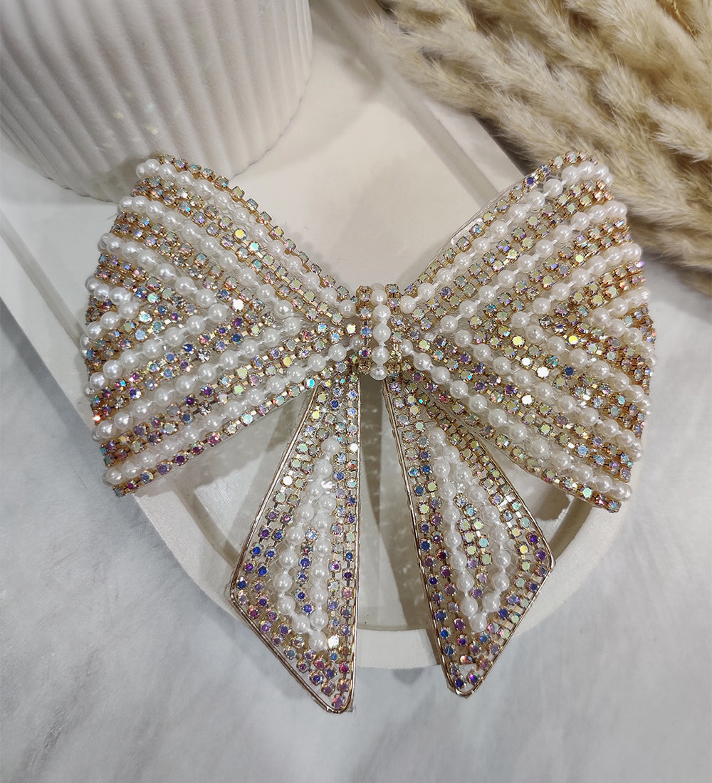 Golden Rhinestone and Pearl Hair Bow Clip