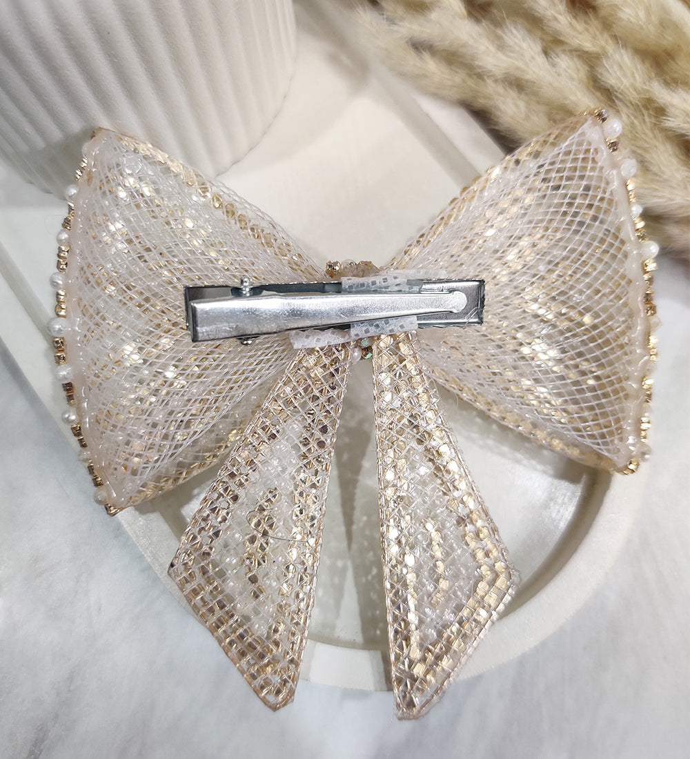 Golden Rhinestone and Pearl Hair Bow Clip