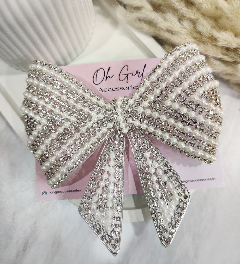 Silver Rhinestone and Pearl Hair Bow Clip