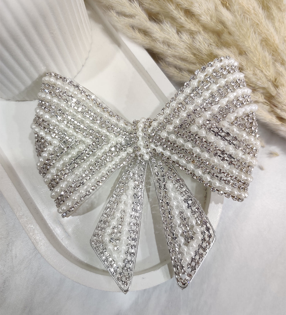 Silver Rhinestone and Pearl Hair Bow Clip