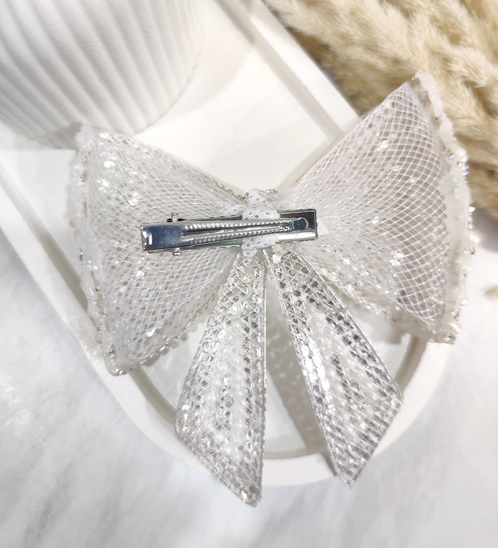 Silver Rhinestone and Pearl Hair Bow Clip