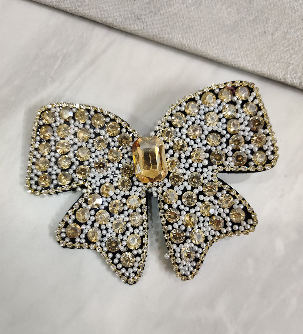 Golden Stone and Pearl Bow Hair Clip