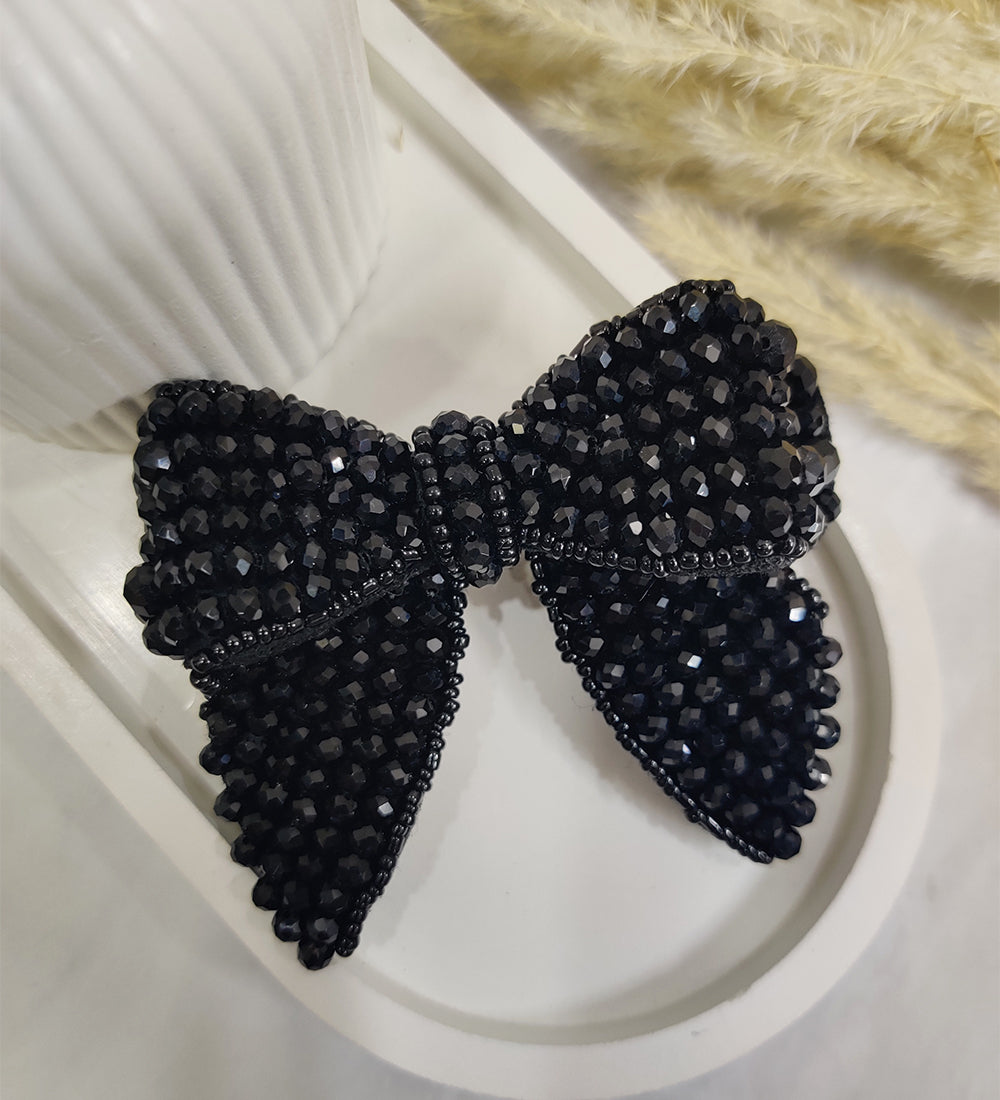 Double Layered black Beaded Hair Bow Clip