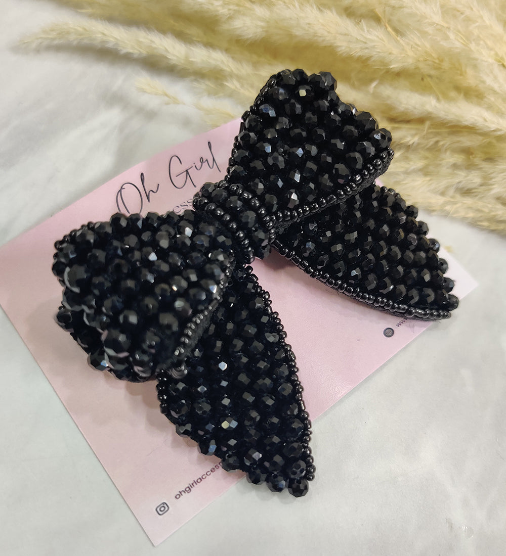 Double Layered black Beaded Hair Bow Clip