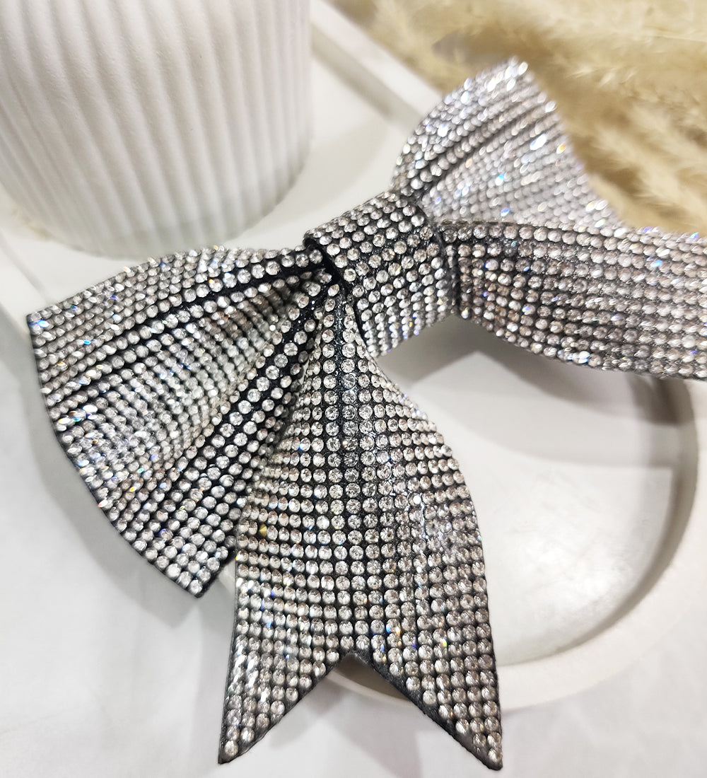 Glam Rhinestone Bow with Alligator Clip -Silver