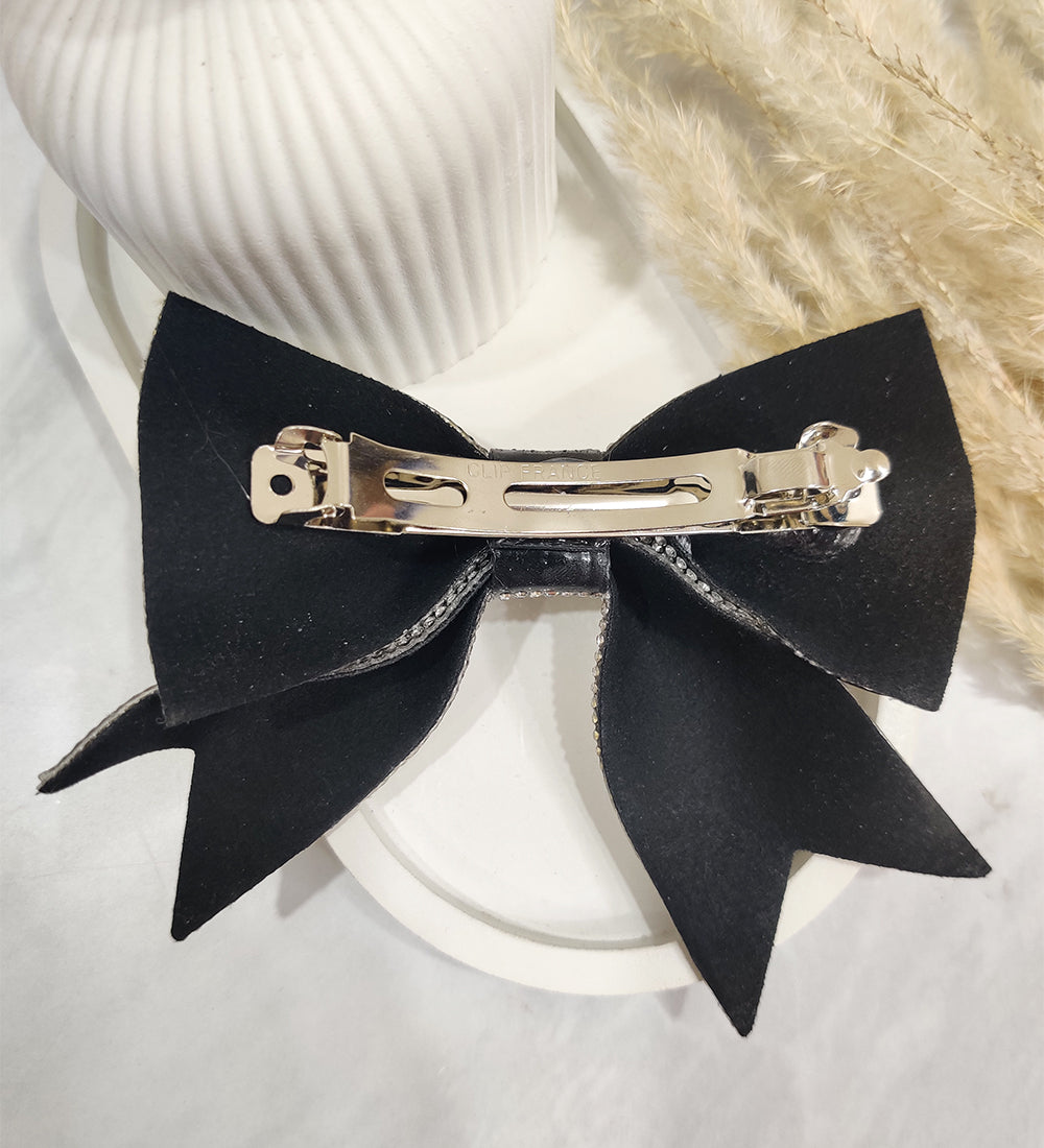 Glam Rhinestone Bow with Alligator Clip -Black