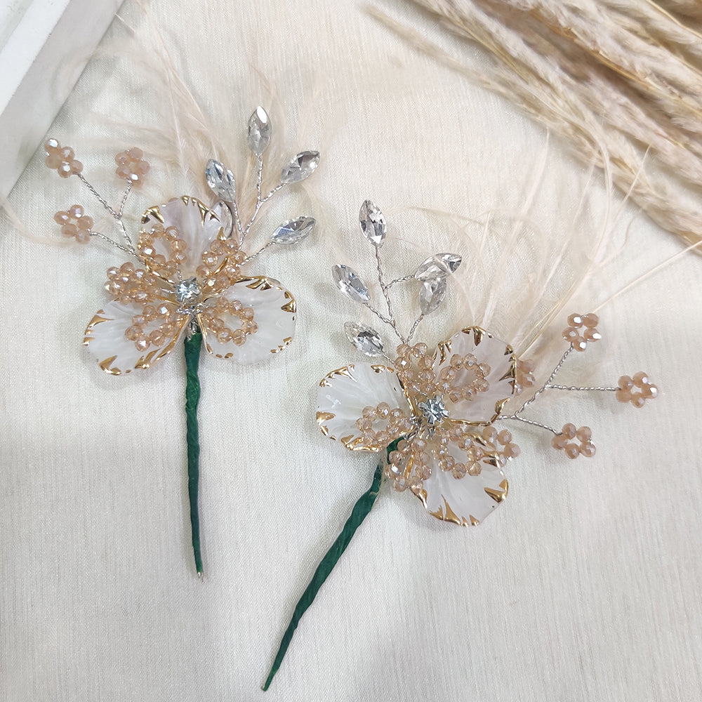 Golden Crystal Bloom Feather Pin - Pack of 4