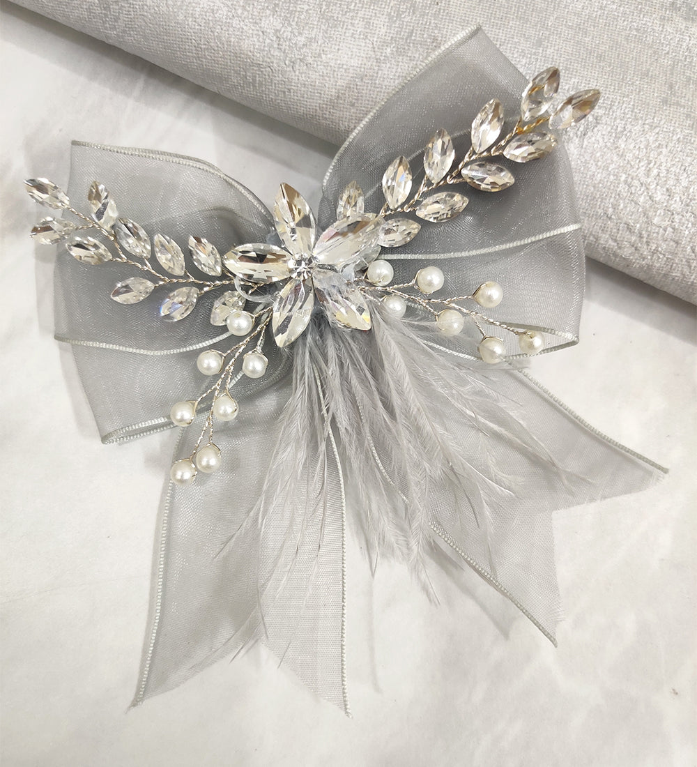 Grey Net and Feather Bow Hair Clip