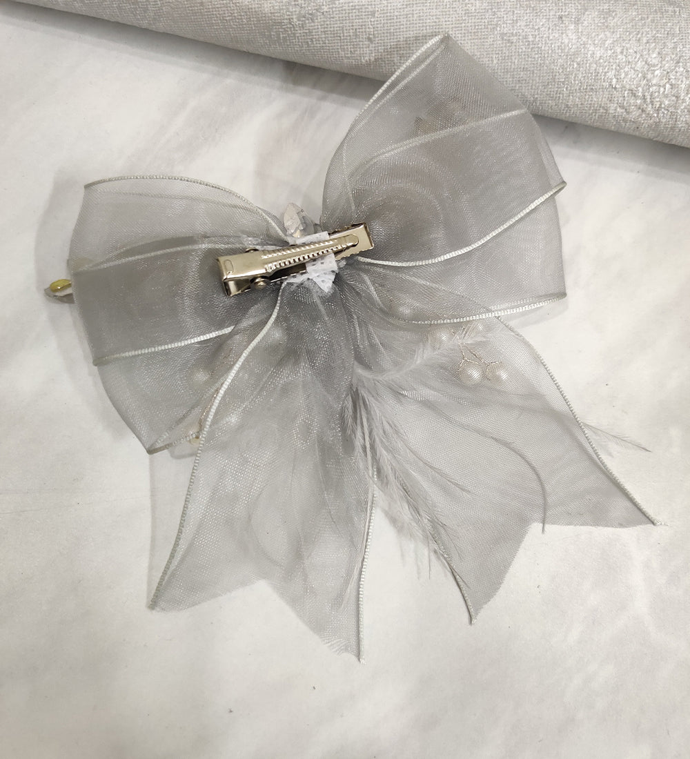 Grey Net and Feather Bow Hair Clip