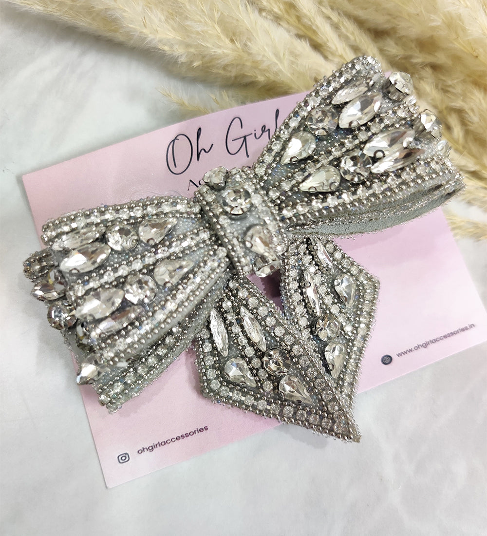 Silver Crystal Embellished Double Layered Bow Hair Clip