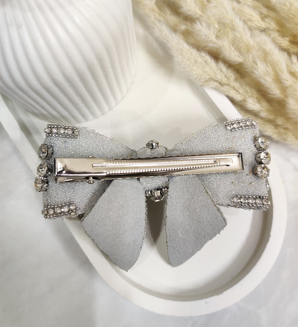 Silver Crystal Embellished Double Layered Bow Hair Clip