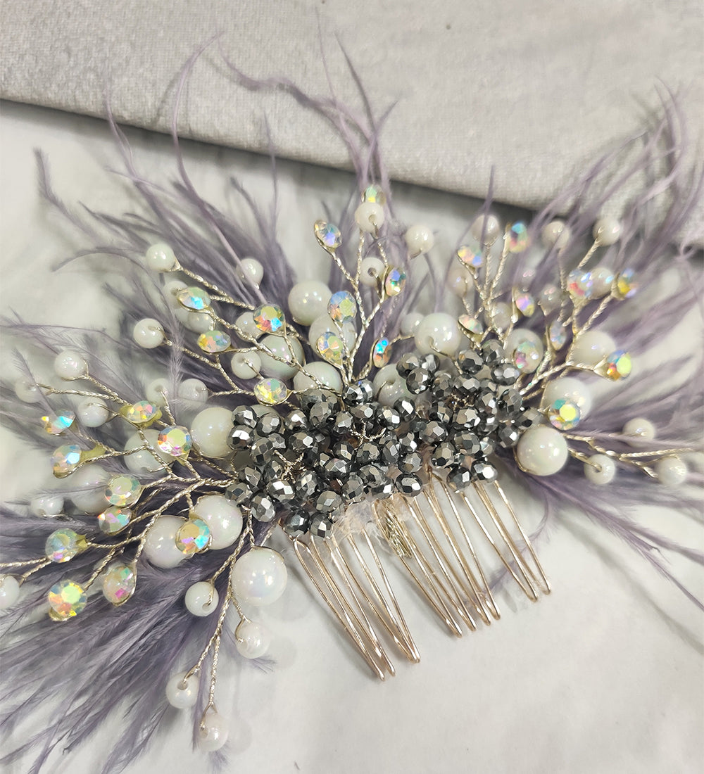 Grey Feather and Crystal Hair Comb