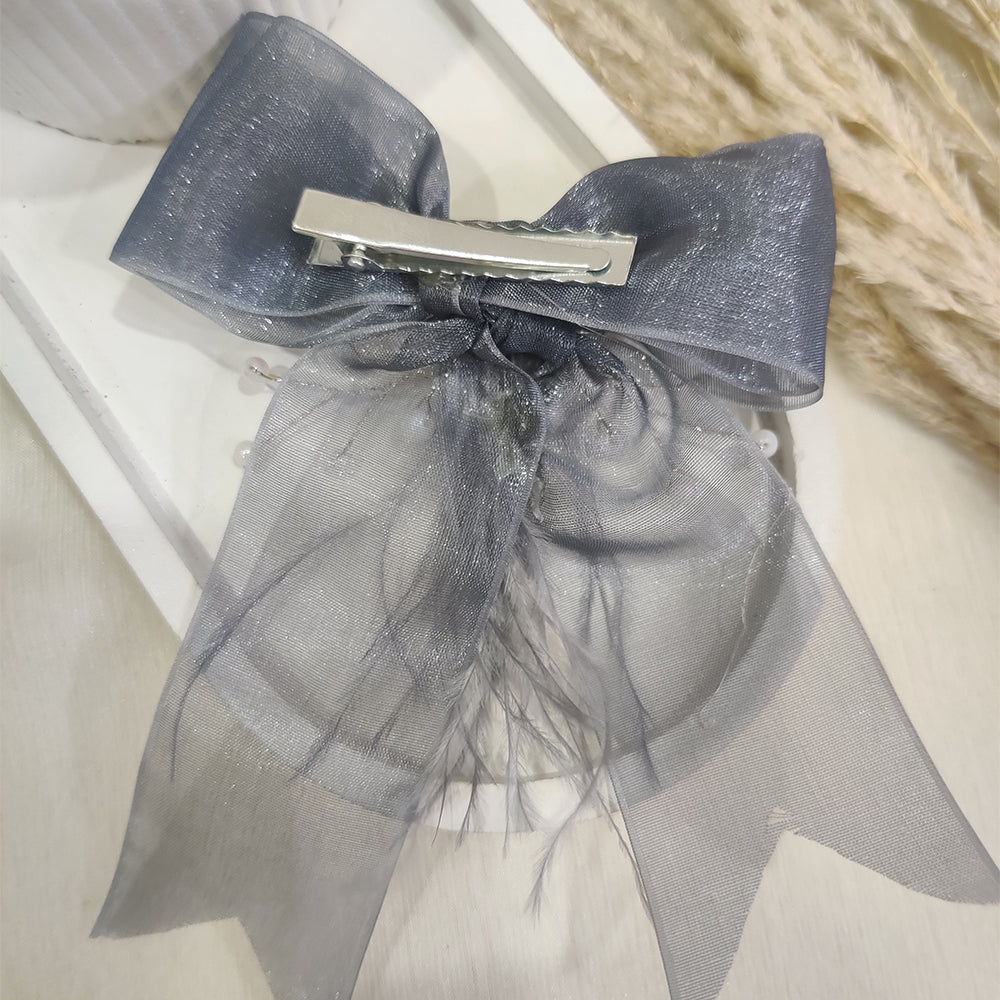 Grey Net and Feather Bow Clip