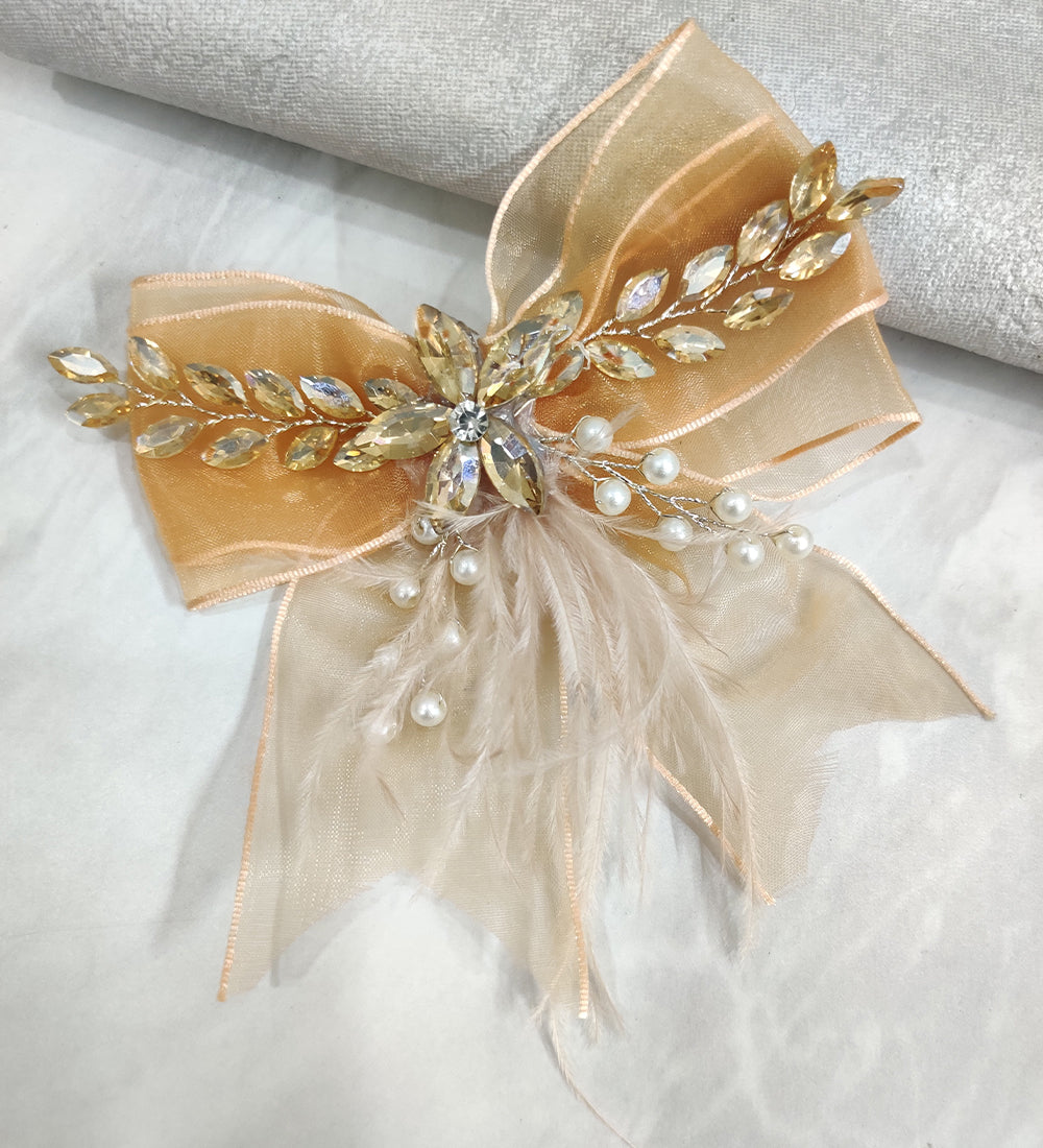 Golden Net and Feather Bow Hair Clip