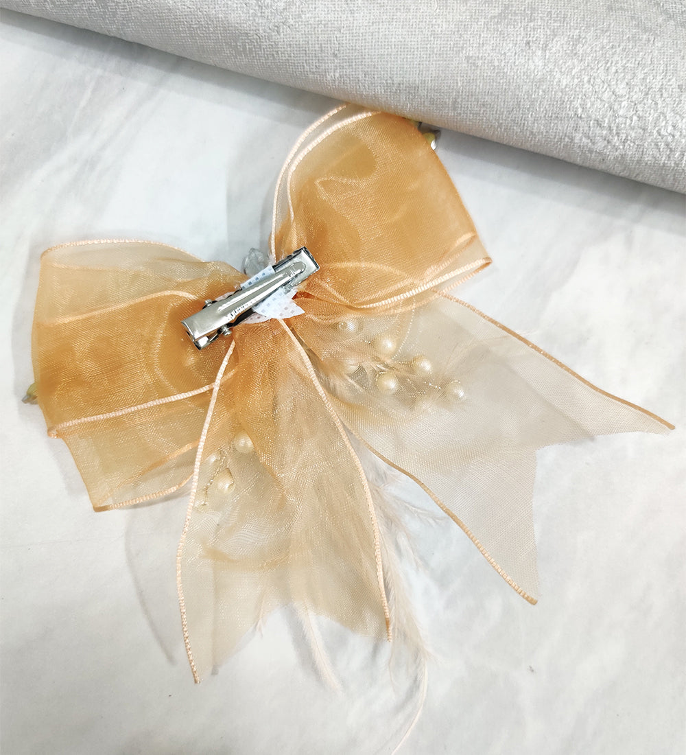 Golden Net and Feather Bow Hair Clip