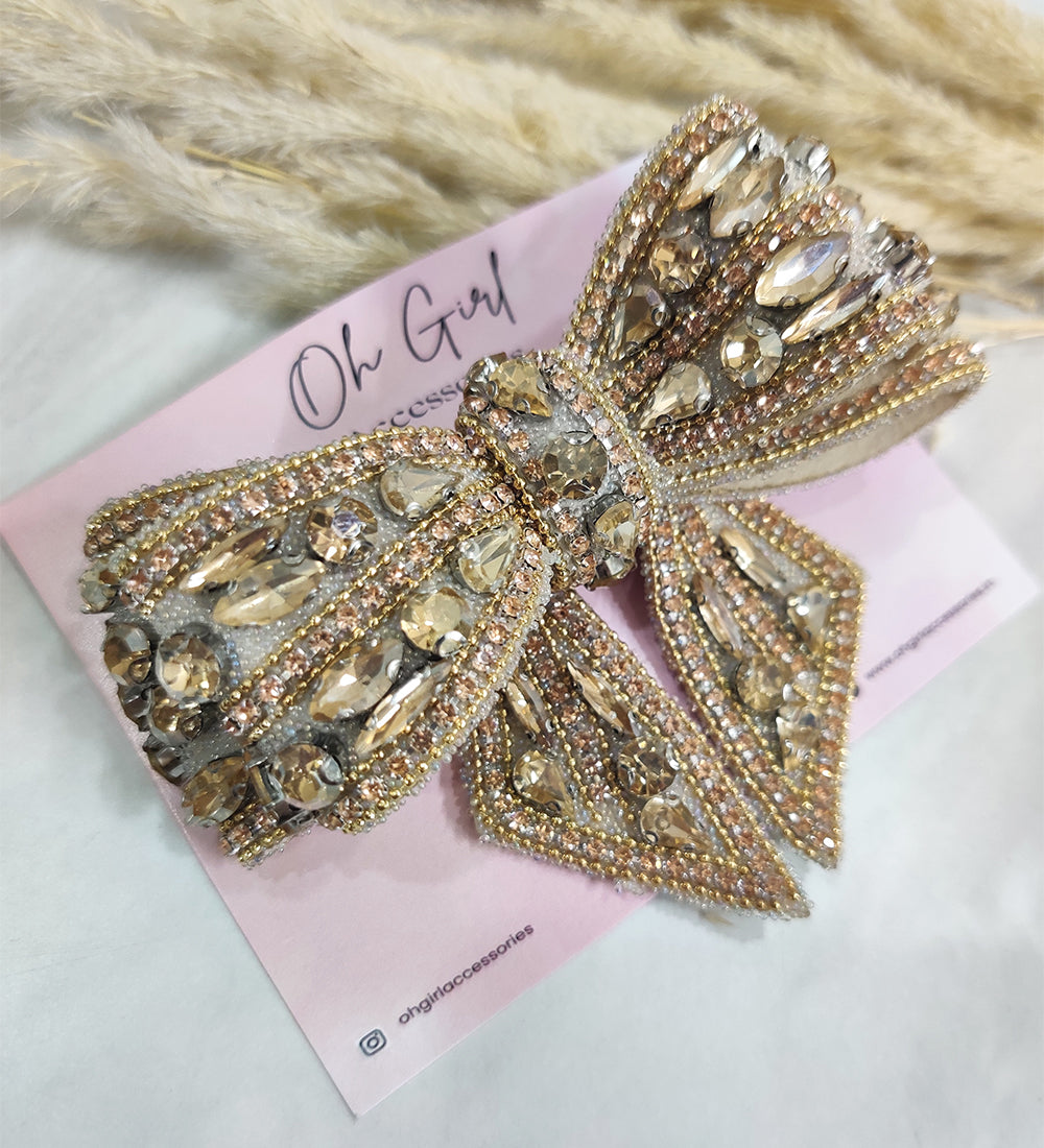 Golden Crystal Embellished Double Layered Bow Hair Clip