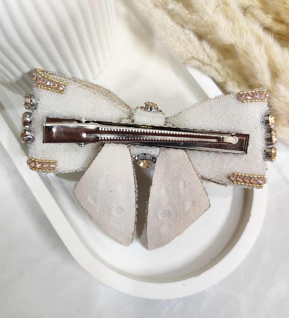 Golden Crystal Embellished Double Layered Bow Hair Clip