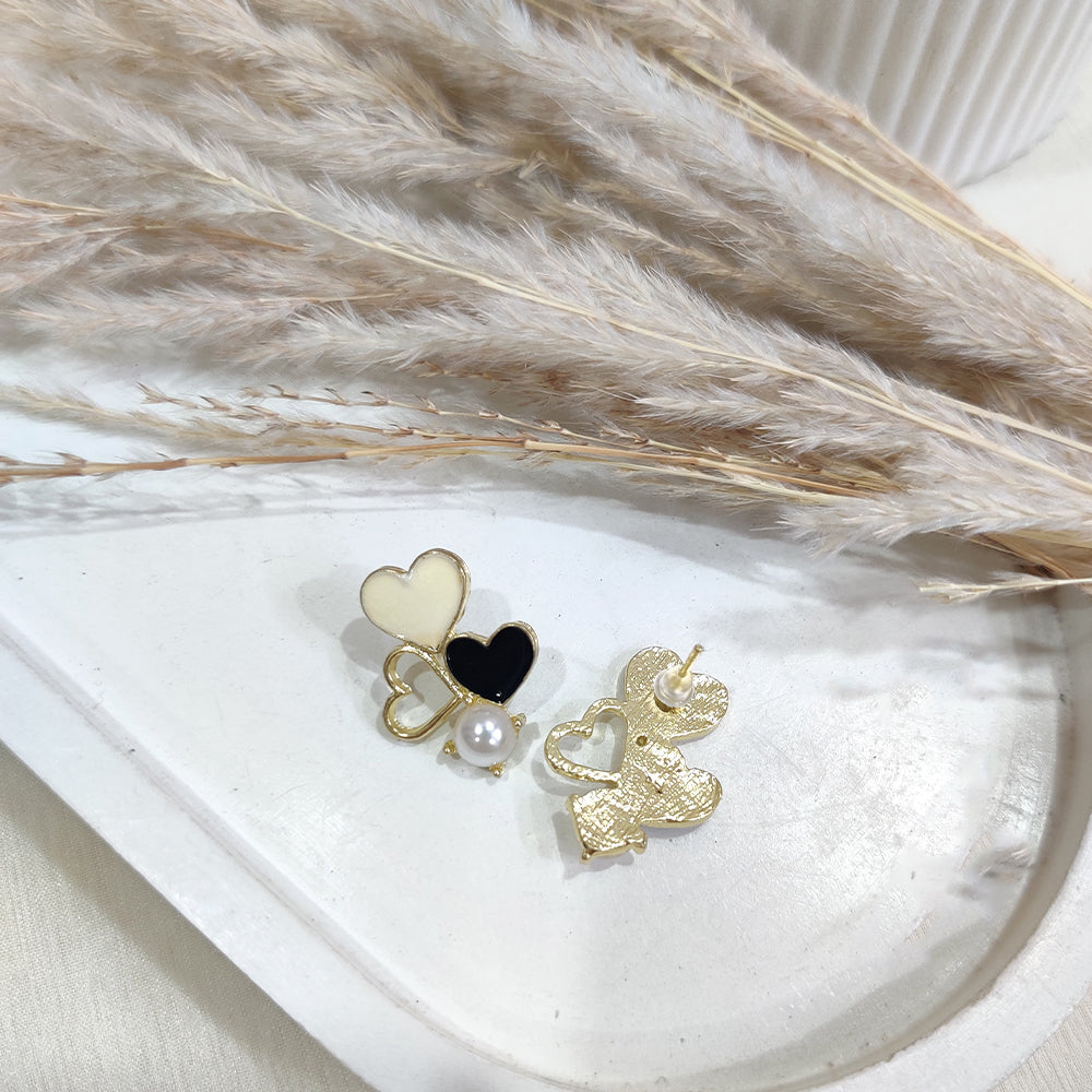 Pearl Enamel Heart Stud Earrings