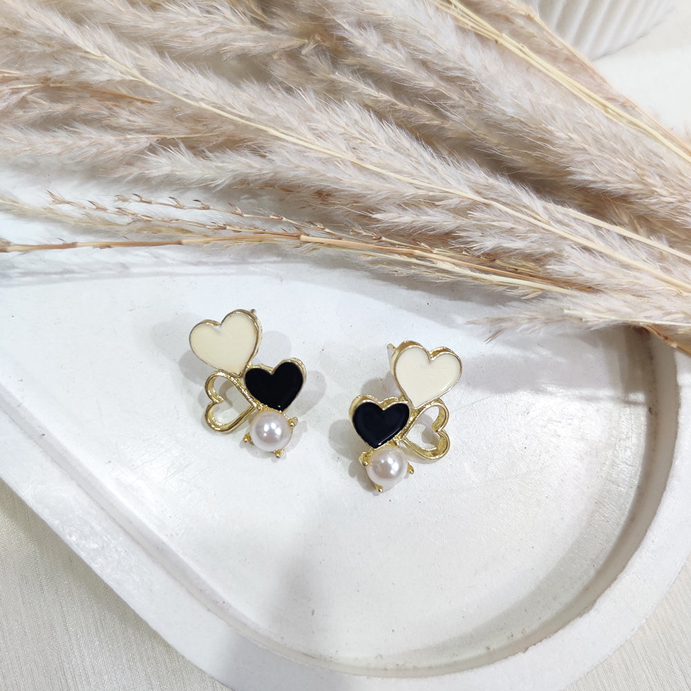 Pearl Enamel Heart Stud Earrings