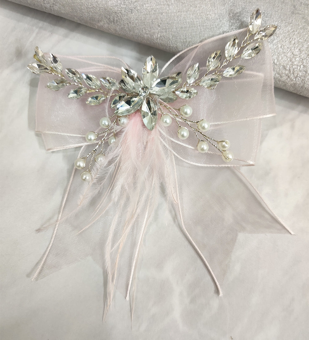 Pink Net and Feather Bow Hair Clip