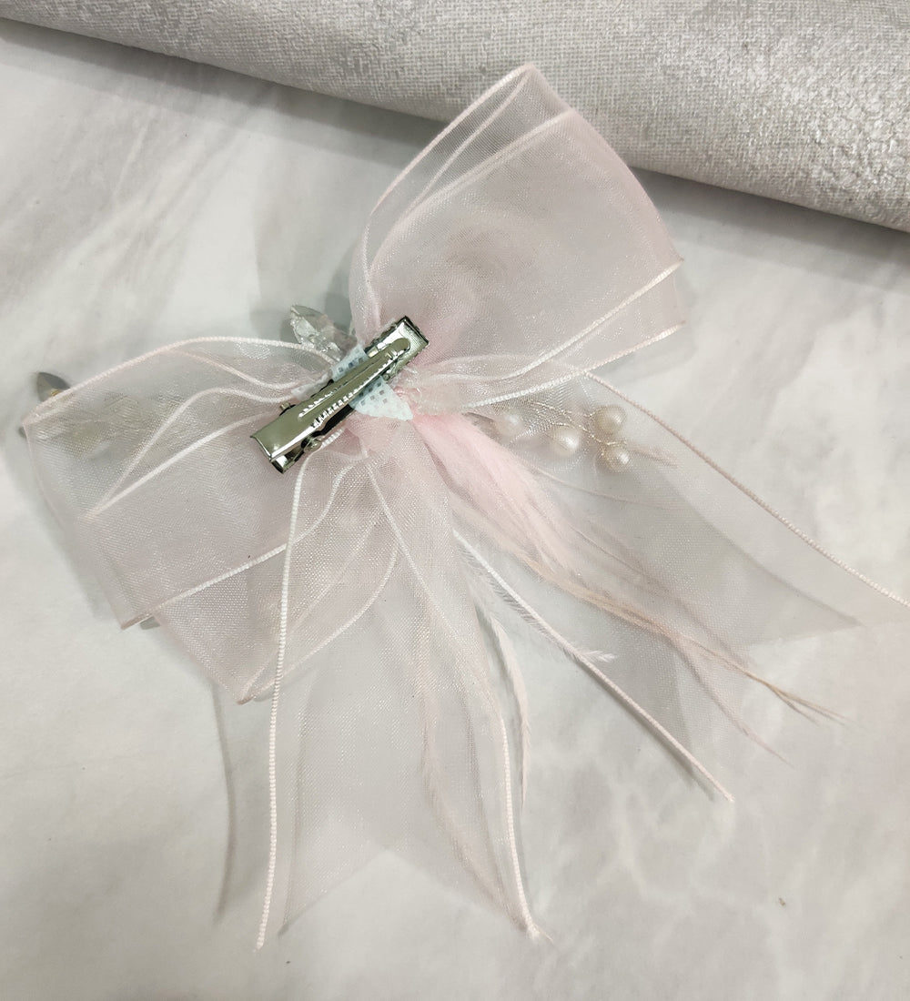 Pink Net and Feather Bow Hair Clip