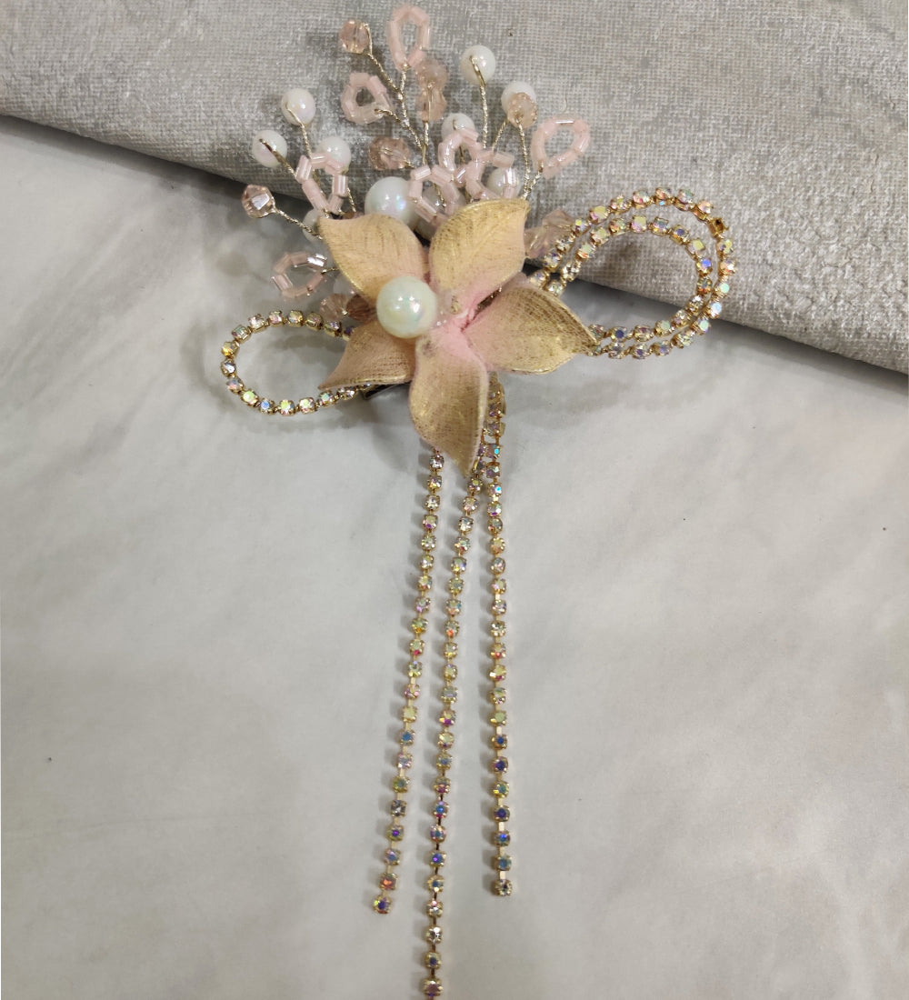 Pink Flower and Rhinestone Tassel Hair Clip