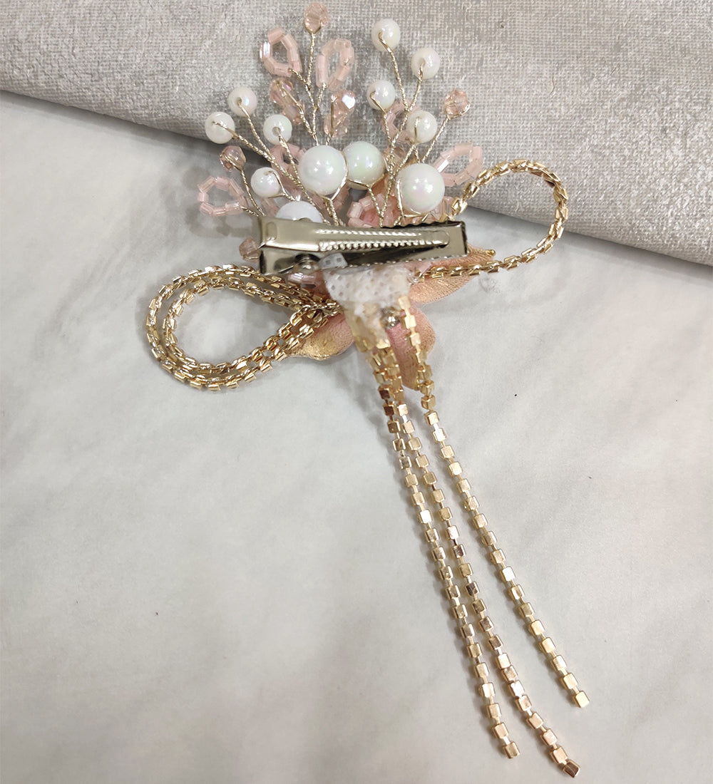 Pink Flower and Rhinestone Tassel Hair Clip