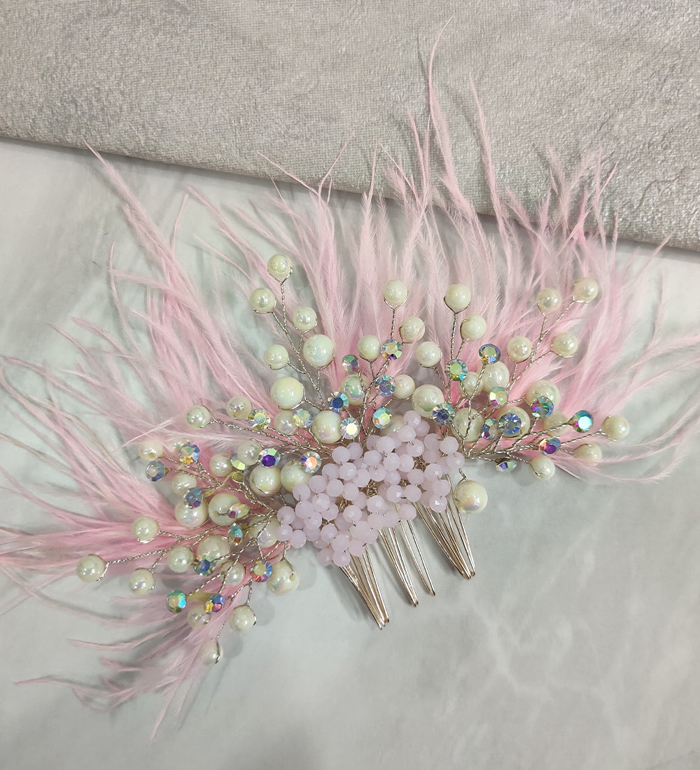 Pink Feather and Crystal Hair Comb