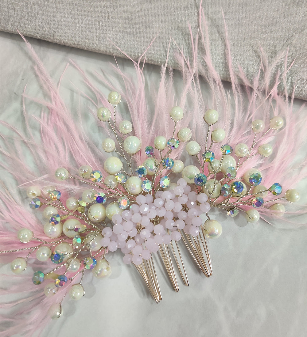 Pink Feather and Crystal Hair Comb