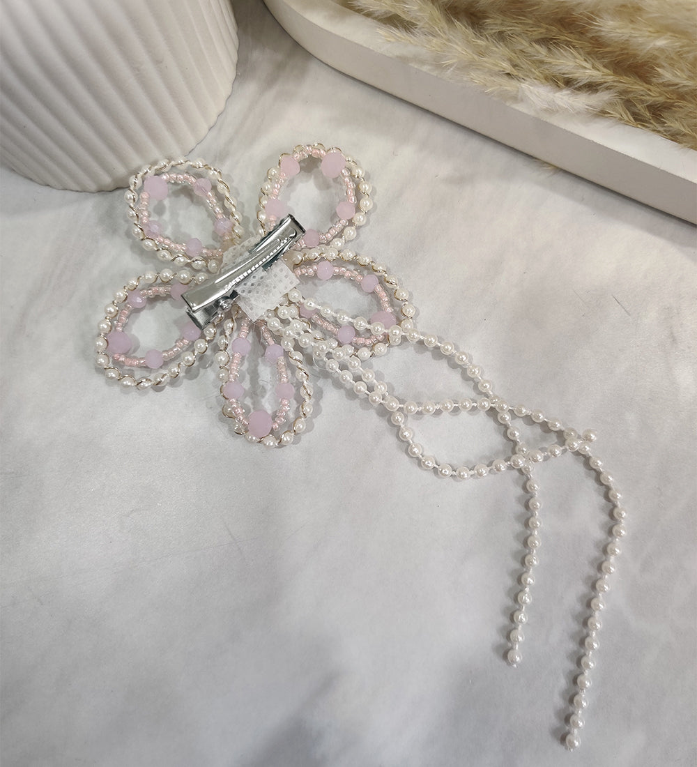 Pink Crystal and White Pearl Flower Hair Clip