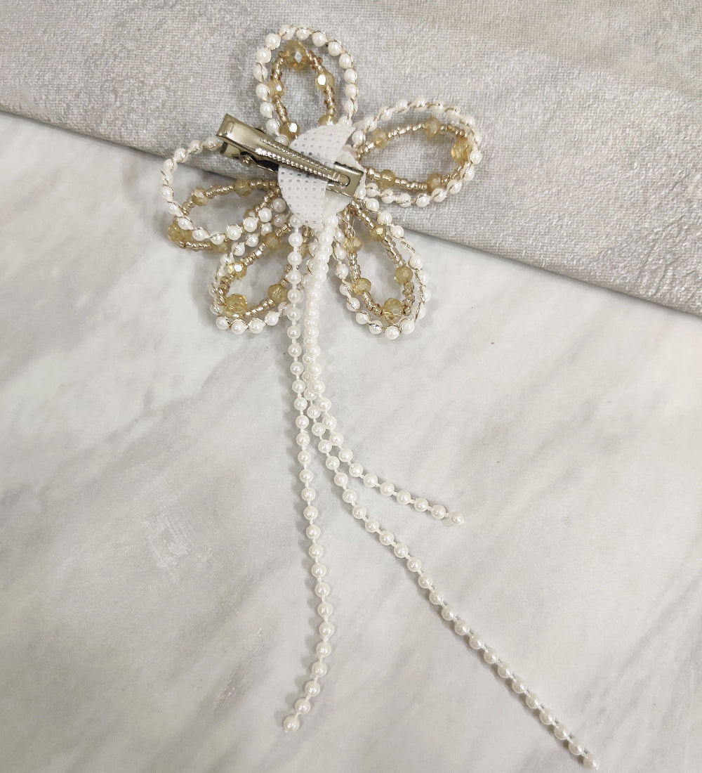 Golden Crystal and White Pearl Flower Hair Clip