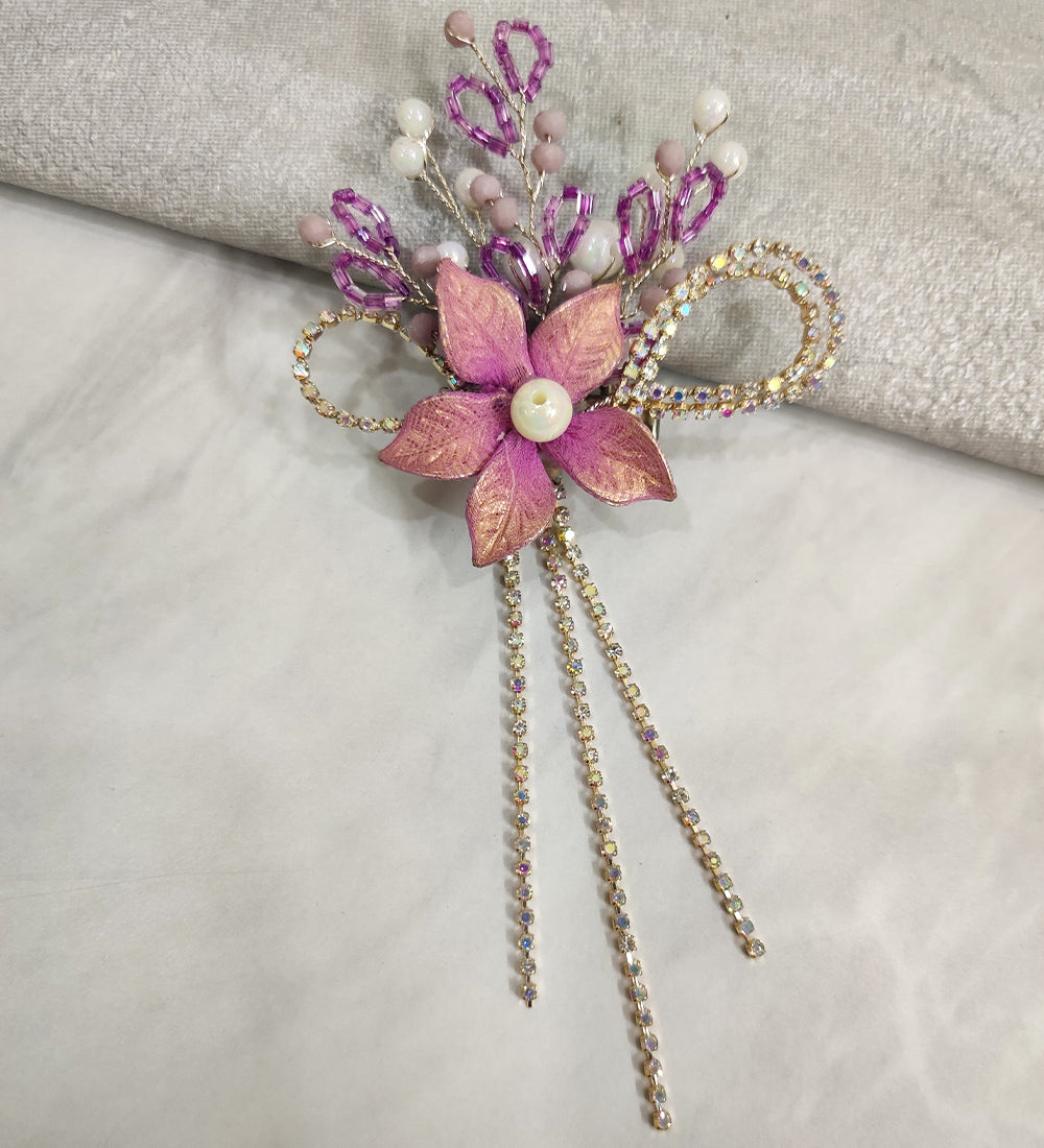 Purple Flower and Rhinestone Tassel Hair Clip