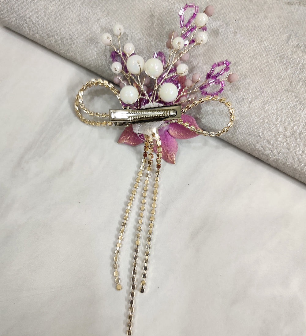Purple Flower and Rhinestone Tassel Hair Clip