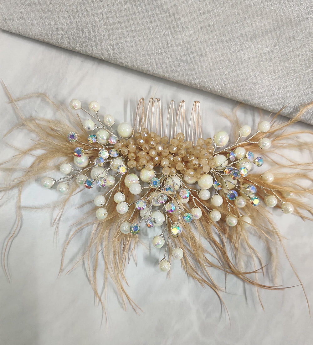 Gold Feather and Crystal Hair Comb
