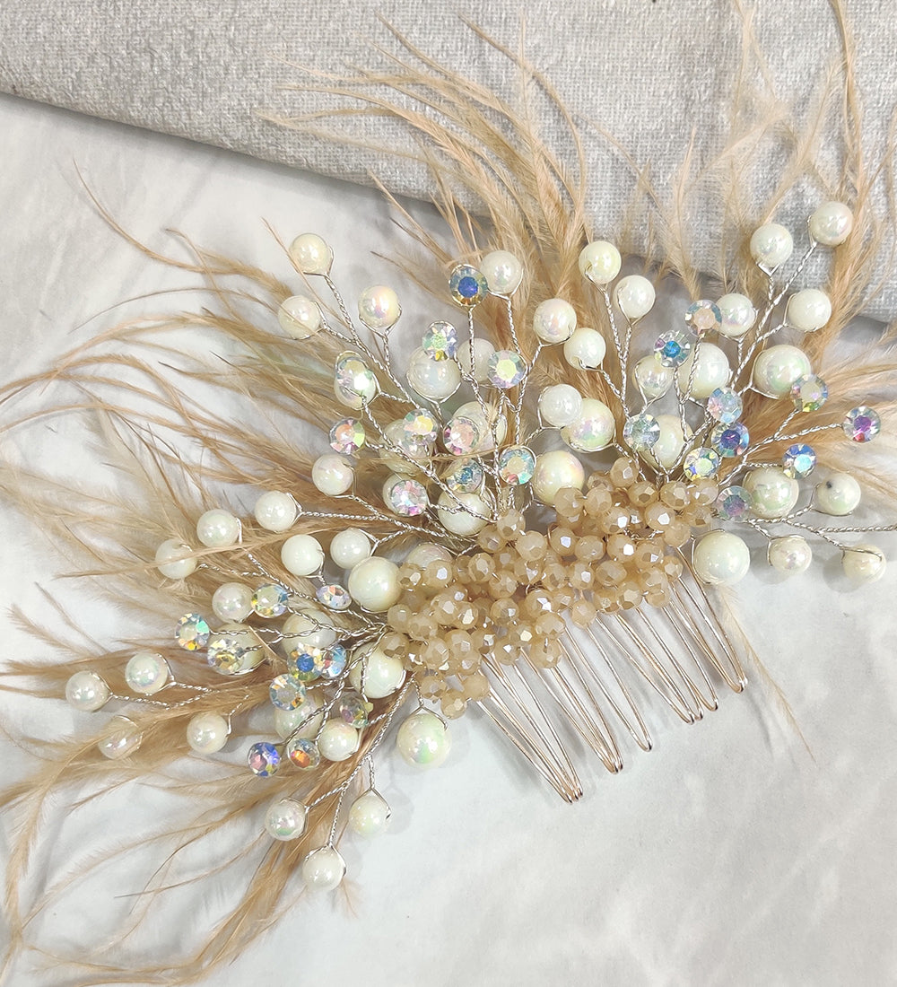 Gold Feather and Crystal Hair Comb