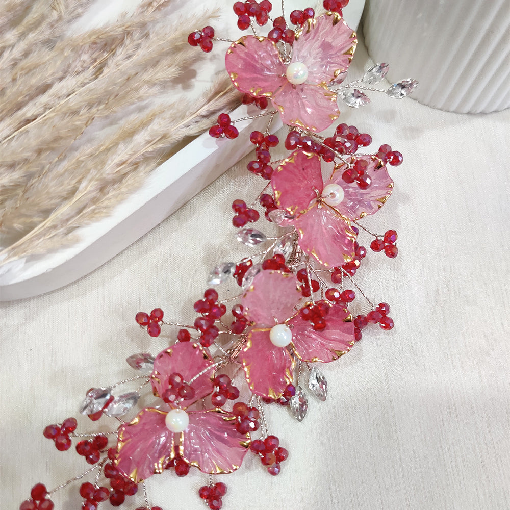 Red Berry Bloom Pearls Hair Vine