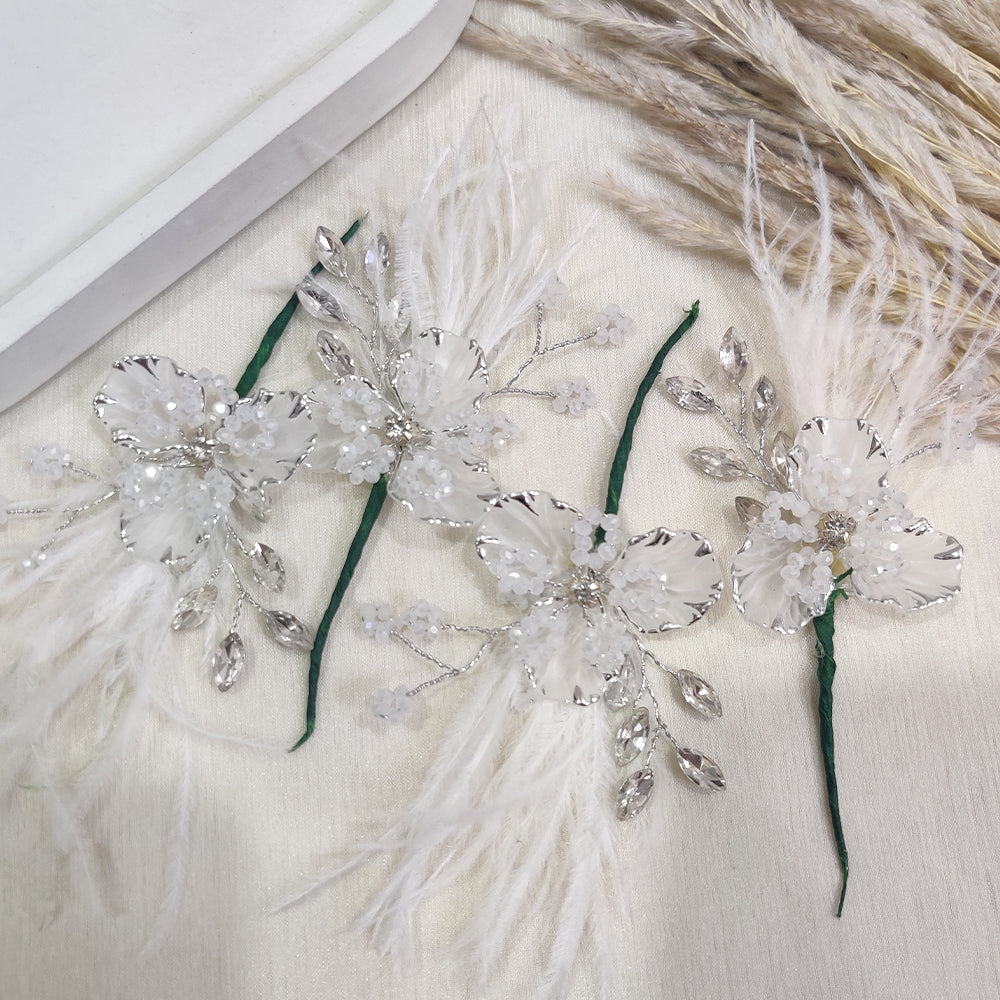White Crystal Bloom Feather Pin - Pack of 4