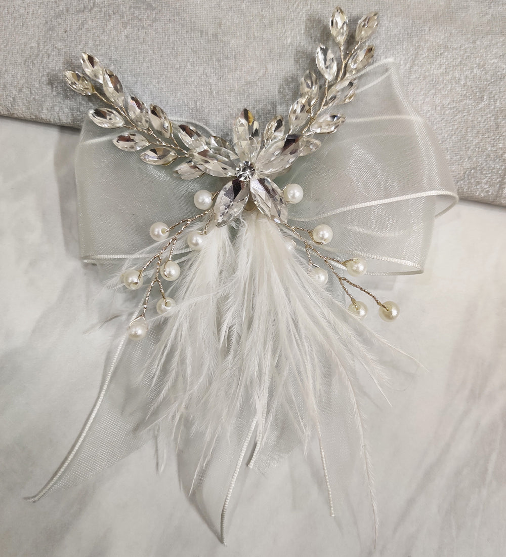 White Net and Feather Bow Hair Clip